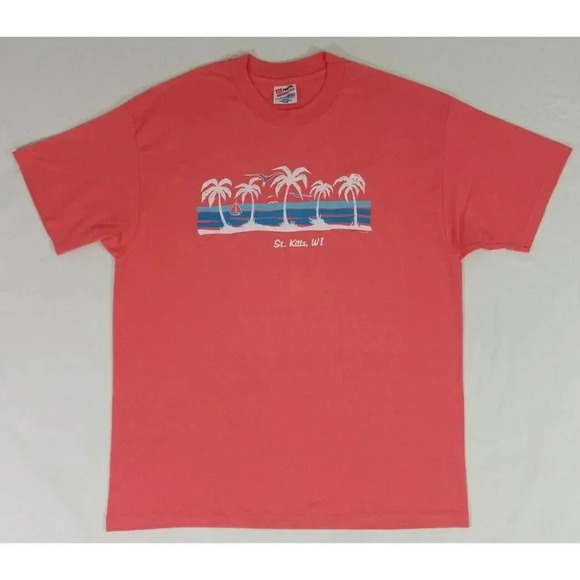 Vintage ST KITTS West Indies Single Stitch Souvenir T-Shirt Salmon Pink Men's XL - Picture 1 of 6